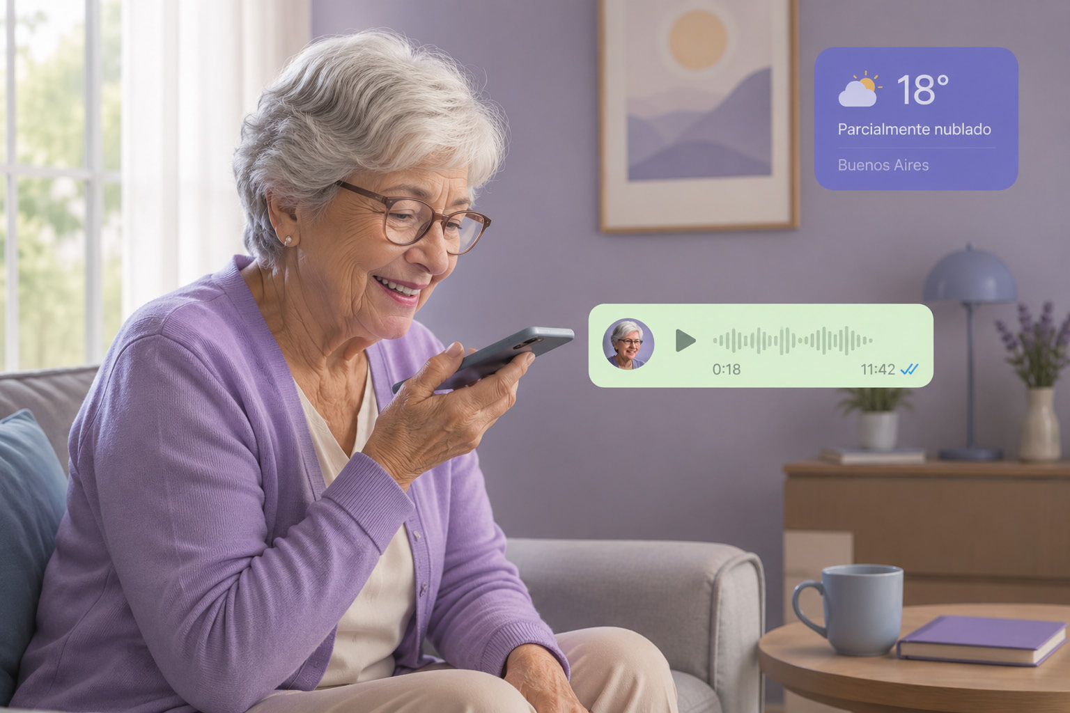 Una abuela escuchando un audio de WhatsApp en su sillón